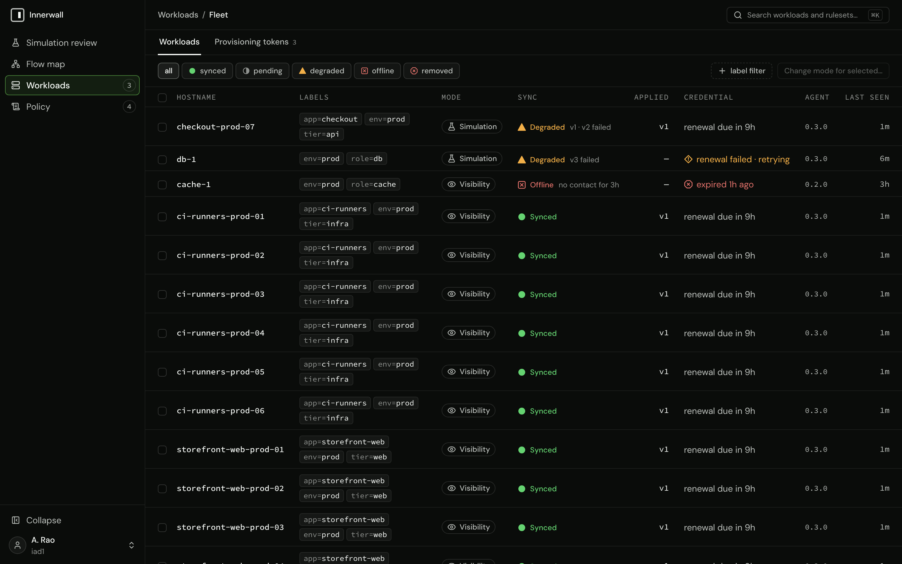 The Workloads table: each workload's labels, mode, sync state with its note, applied version, credential, and agent version