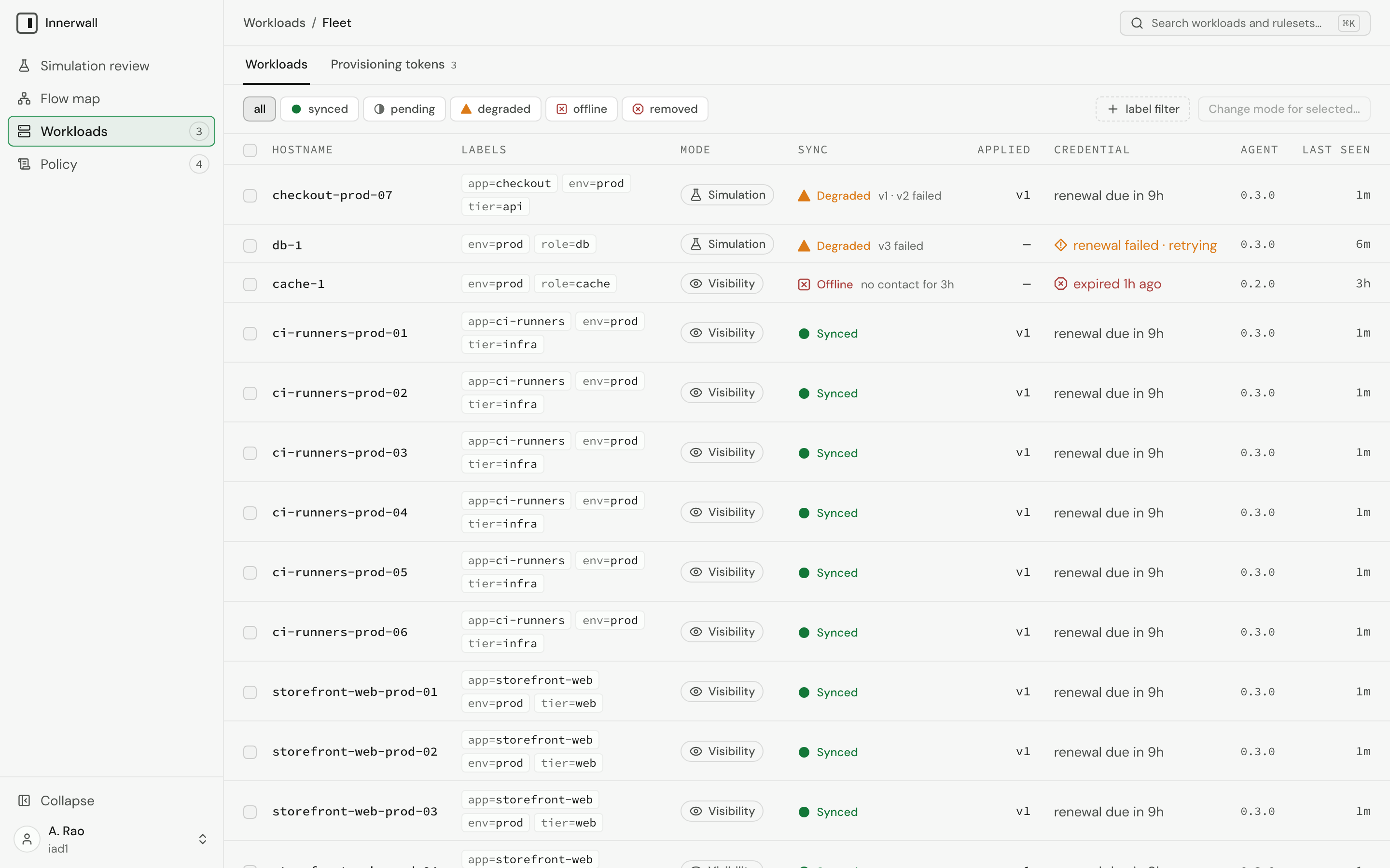 The Workloads table: each workload's labels, mode, sync state with its note, applied version, credential, and agent version